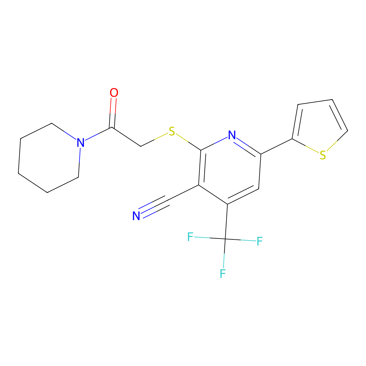 2-((2-Oxo-2-(1-piperidinyl)ET)thio)-6-(2-thienyl)-4-(tri-F-ME)nicotinonitrile molecular structure, CAS 309921-86-6