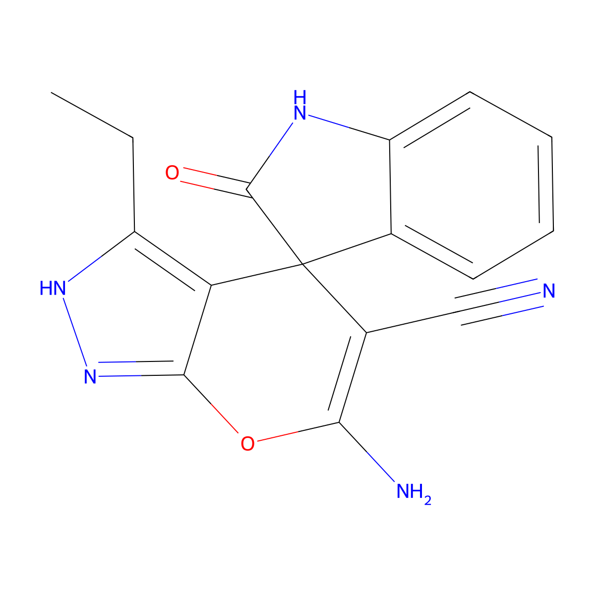 6-amino-5-cyano-3-ethyl-2'-oxo-1,1',3',4-tetrahydrospiro[pyrano[2,3-c]pyrazole-4,3'-(2'H)-indole] molecular structure, CAS 309922-12-1