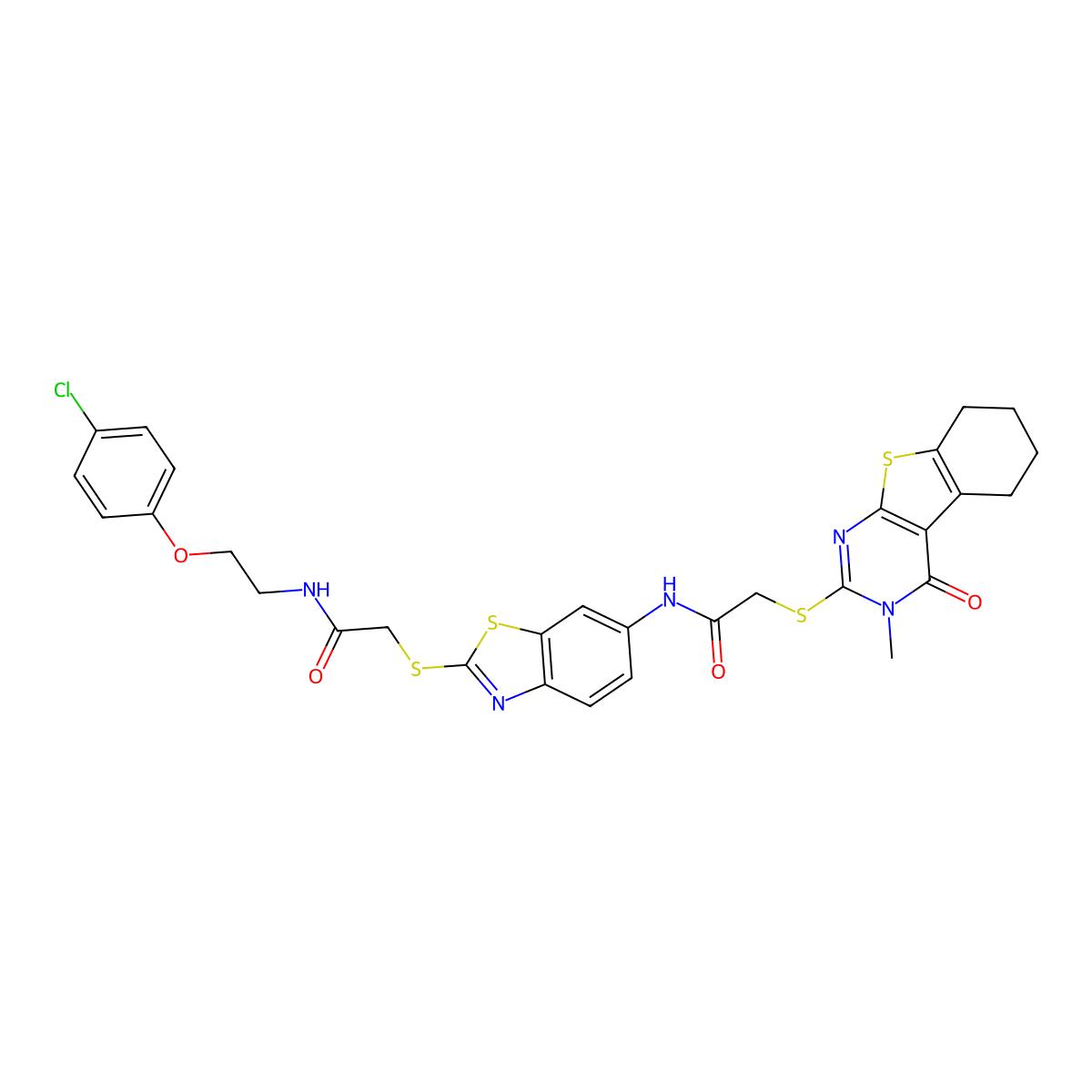 N-{2-[(2-{[2-(4-chlorophenoxy)ethyl]amino}-2-oxoethyl)sulfanyl]-1,3-benzothiazol-6-yl}-2-[(3-methyl-4-oxo-3,4,5,6,7,8-hexahydro[1]benzothieno[2,3-d]pyrimidin-2-yl)sulfanyl]acetamide molecular structure, CAS 309922-96-1