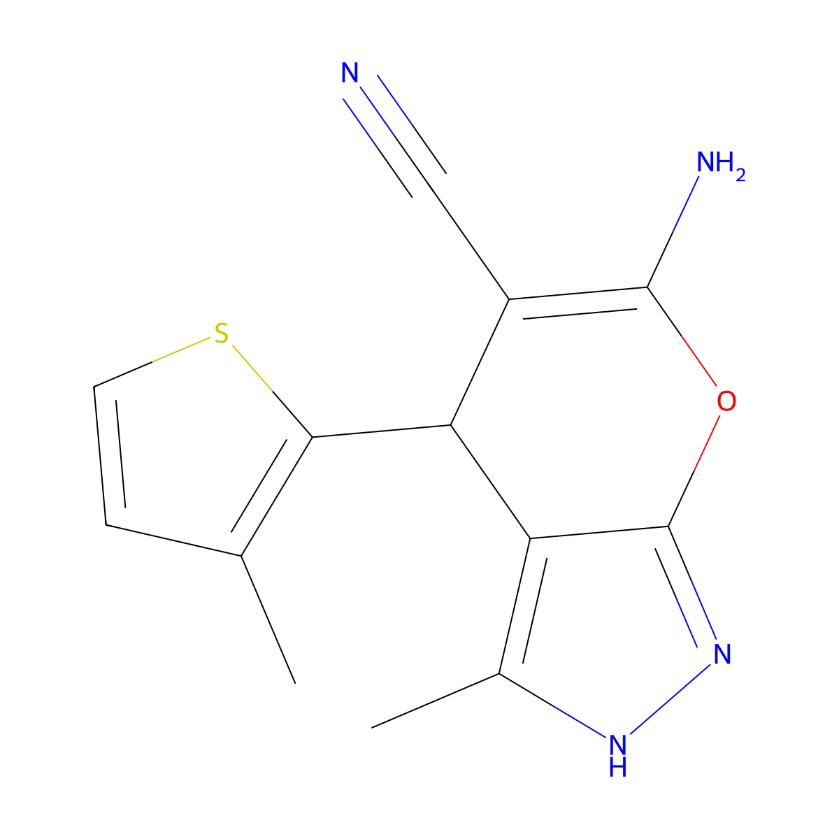 6-Amino-3-methyl-4-(3-methylthiophen-2-yl)-2,4-dihydropyrano[2,3-c]pyrazole-5-carbonitrile molecular structure, CAS 309926-68-9