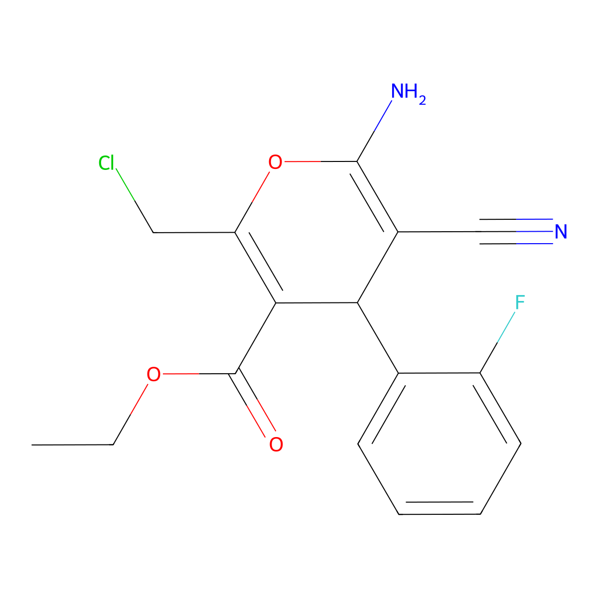 ethyl 6-amino-2-(chloromethyl)-5-cyano-4-(2-fluorophenyl)-4H-pyran-3-carboxylate molecular structure, CAS 309926-80-5