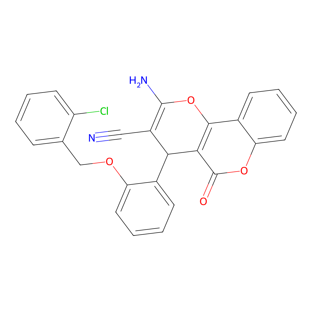 2-amino-4-[2-[(2-chlorophenyl)methoxy]phenyl]-5-oxo-4H-pyrano[3,2-c]chromene-3-carbonitrile molecular structure, CAS 309926-90-7