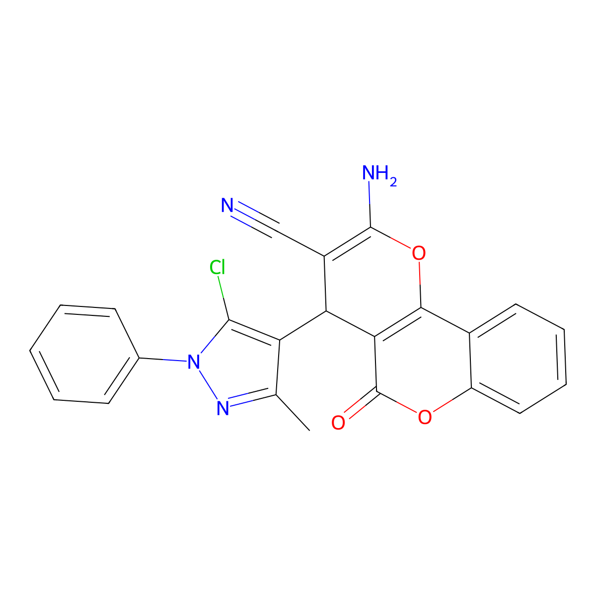 2-Amino-4-(5-chloro-3-methyl-1-phenyl-1H-pyrazol-4-yl)-5-oxo-4H,5H-pyrano[3,2-c]chromene-3-carbonitrile molecular structure, CAS 309926-94-1