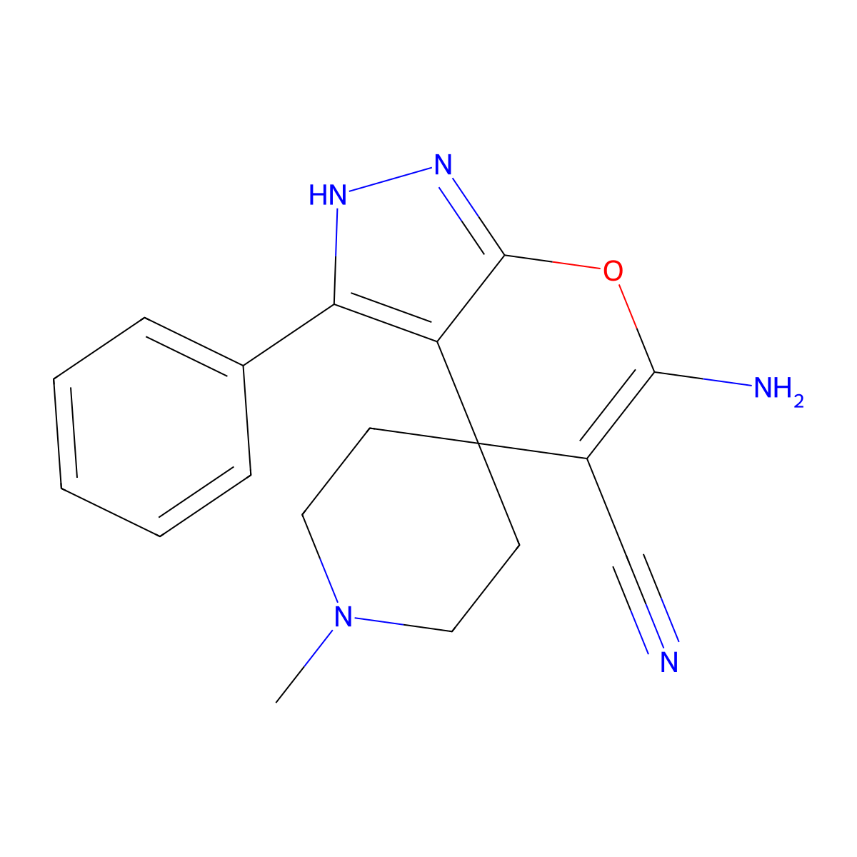 6-amino-10-methyl-3-phenylspiro[4H-pyrano[2,3-c]pyrazole-4,4'-piperidine]-5-ca rbonitrile molecular structure, CAS 309926-97-4
