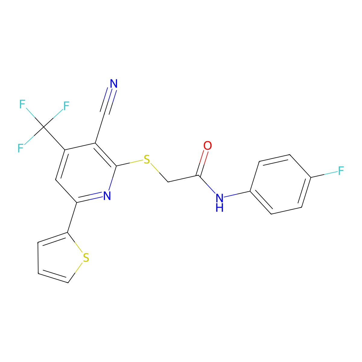 2-{[3-cyano-6-(2-thienyl)-4-(trifluoromethyl)-2-pyridinyl]sulfanyl}-N-(4-fluorophenyl)acetamide molecular structure, CAS 309927-03-5