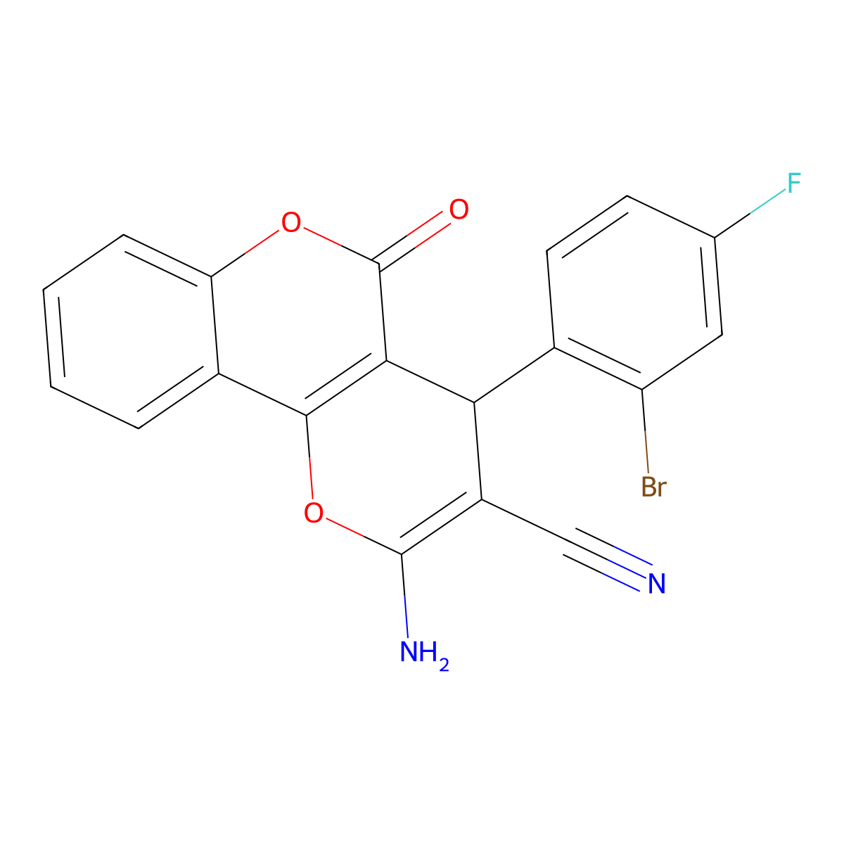 2-amino-4-(2-bromo-4-fluorophenyl)-5-oxo-4H,5H-pyrano[3,2-c]chromene-3-carbonitrile molecular structure, CAS 309927-07-9