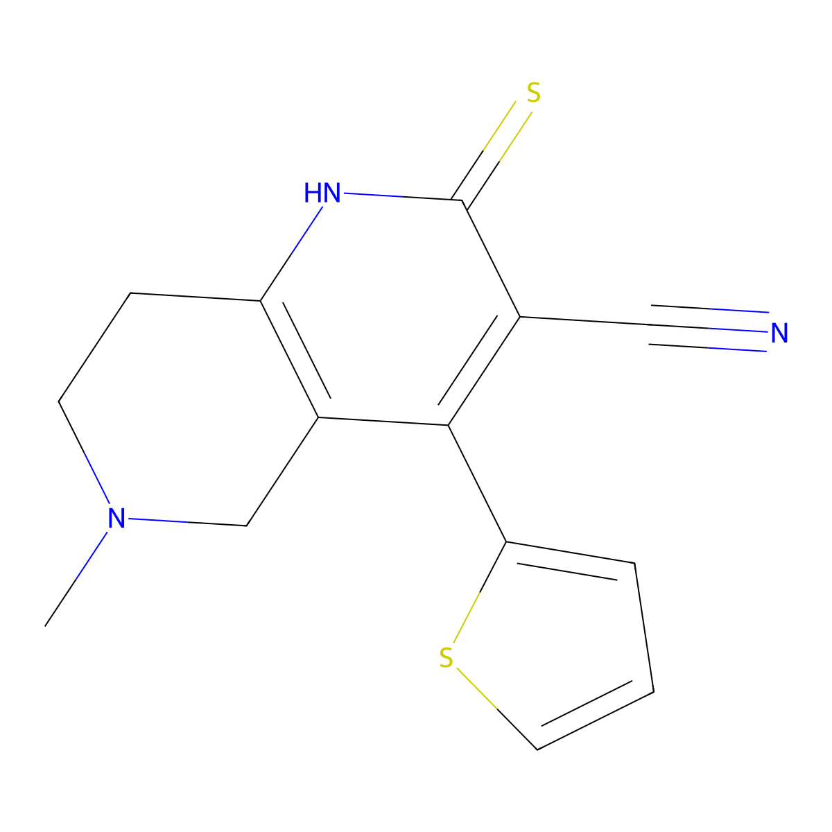 6-Methyl-2-sulfanylidene-4-thiophen-2-yl-1,5,7,8-tetrahydro-1,6-naphthyridine-3-carbonitrile molecular structure, CAS 309927-18-2