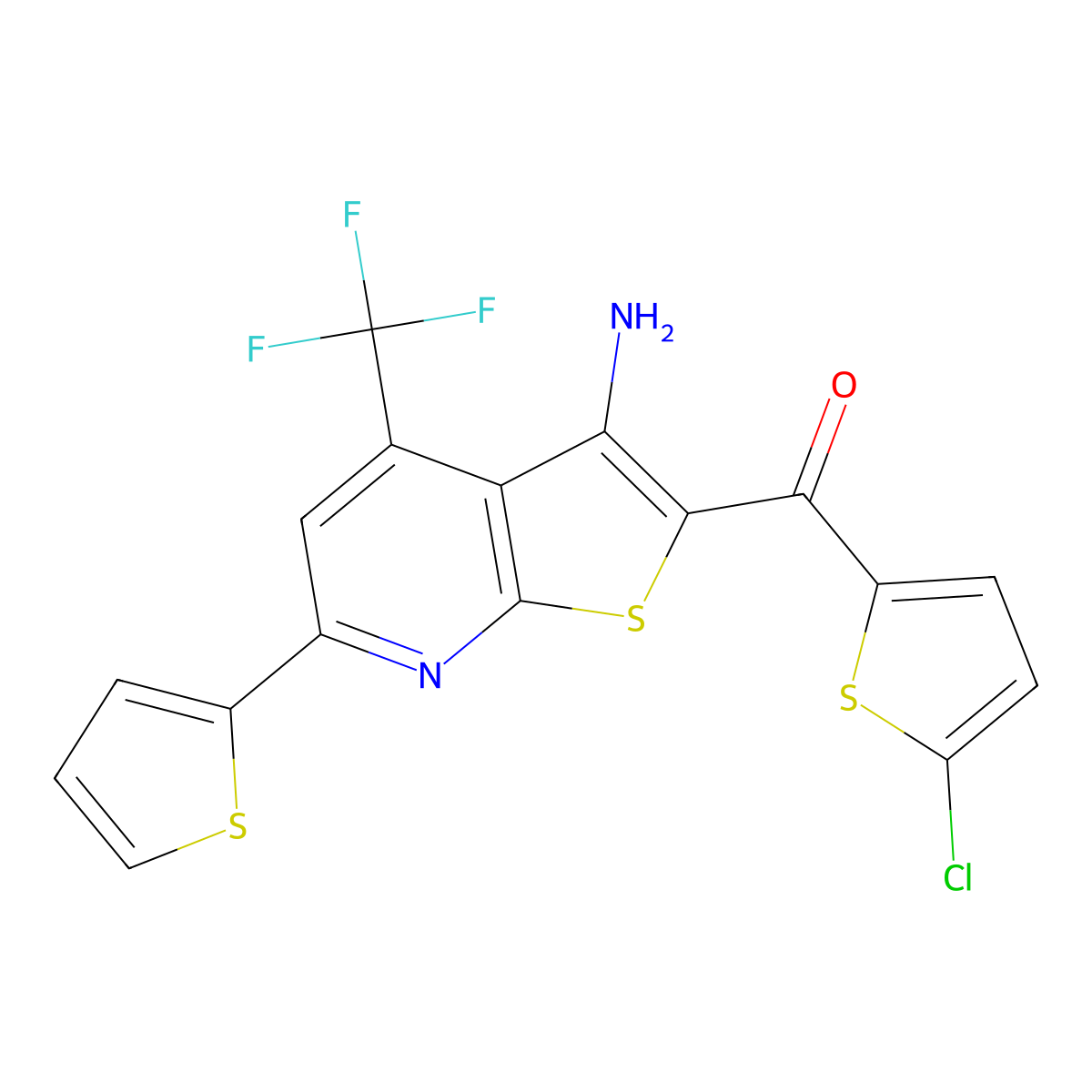 [3-Amino-6-thiophen-2-yl-4-(trifluoromethyl)thieno[2,3-b]pyridin-2-yl]-(5-chlorothiophen-2-yl)methanone molecular structure, CAS 309927-21-7