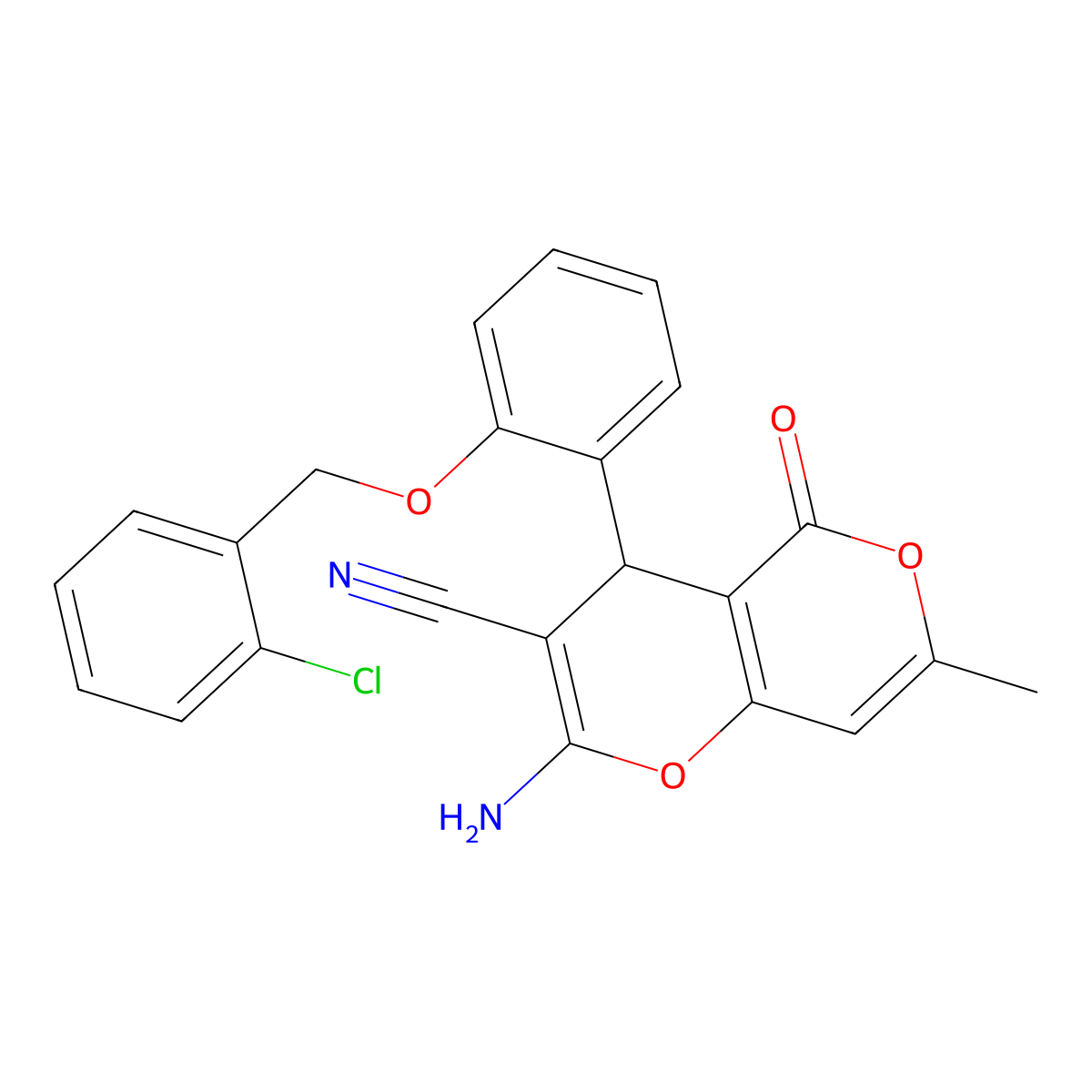 2-amino-4-{2-[(2-chlorobenzyl)oxy]phenyl}-7-methyl-5-oxo-4H,5H-pyrano[4,3-b]pyran-3-carbonitrile molecular structure, CAS 309927-22-8