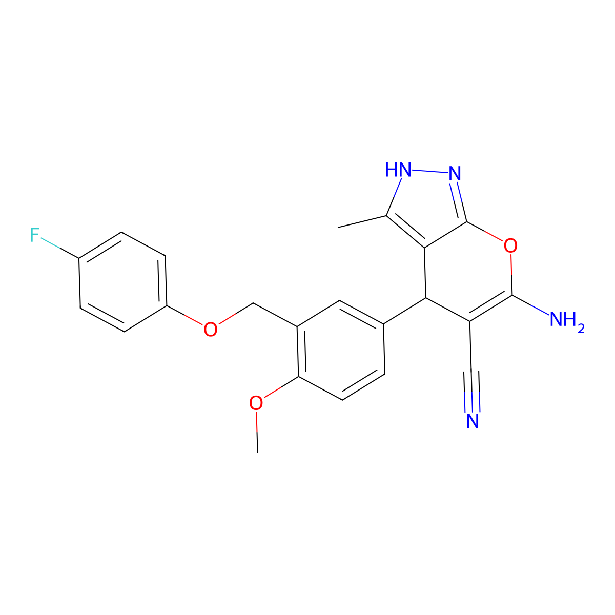 6-Amino-4-(3-((4-fluorophenoxy)methyl)-4-methoxyphenyl)-3-methyl-2,4-dihydropyrano[2,3-c]pyrazole-5-carbonitrile molecular structure, CAS 309927-25-1
