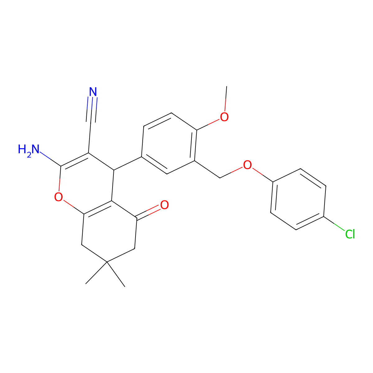 2-amino-4-{3-[(4-chlorophenoxy)methyl]-4-methoxyphenyl}-7,7-dimethyl-5-oxo-5,6,7,8-tetrahydro-4H-chromene-3-carbonitrile molecular structure, CAS 309927-40-0