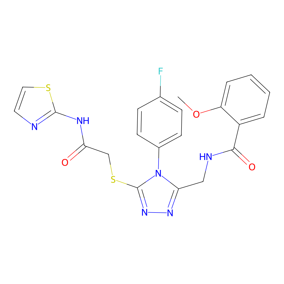 N-((4-(4-fluorophenyl)-5-((2-oxo-2-(thiazol-2-ylamino)ethyl)thio)-4H-1,2,4-triazol-3-yl)methyl)-2-methoxybenzamide molecular structure, CAS 309940-48-5