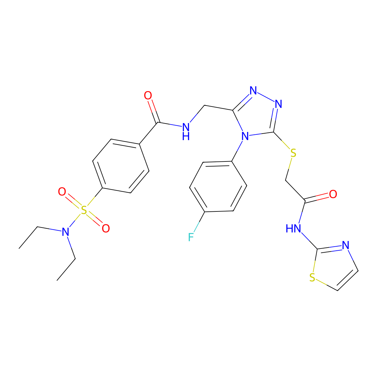 4-(N,N-diethylsulfamoyl)-N-((4-(4-fluorophenyl)-5-((2-oxo-2-(thiazol-2-ylamino)ethyl)thio)-4H-1,2,4-triazol-3-yl)methyl)benzamide molecular structure, CAS 309940-53-2