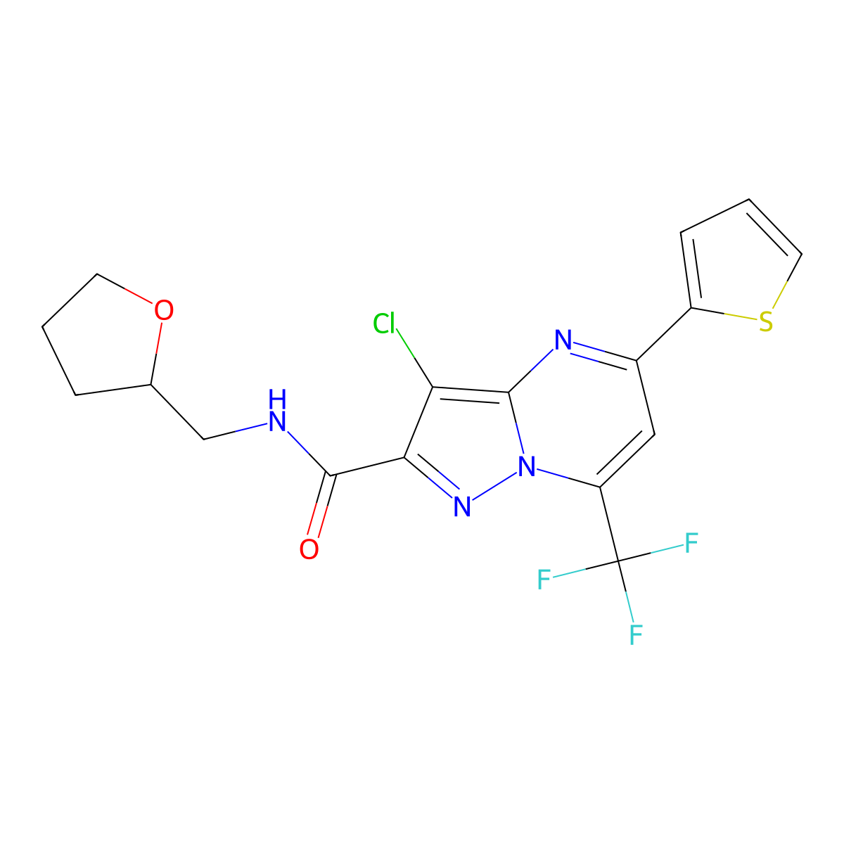 3-chloro-N-(tetrahydro-2-furanylmethyl)-5-(2-thienyl)-7-(trifluoromethyl)pyrazolo[1,5-a]pyrimidine-2-carboxamide molecular structure, CAS 309940-75-8