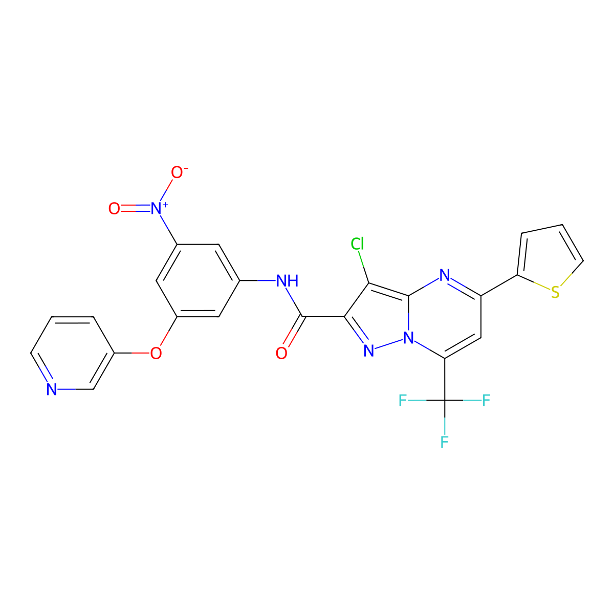 3-chloro-N-(3-nitro-5-pyridin-3-yloxyphenyl)-5-thiophen-2-yl-7-(trifluoromethyl)pyrazolo[1,5-a]pyrimidine-2-carboxamide molecular structure, CAS 309940-76-9