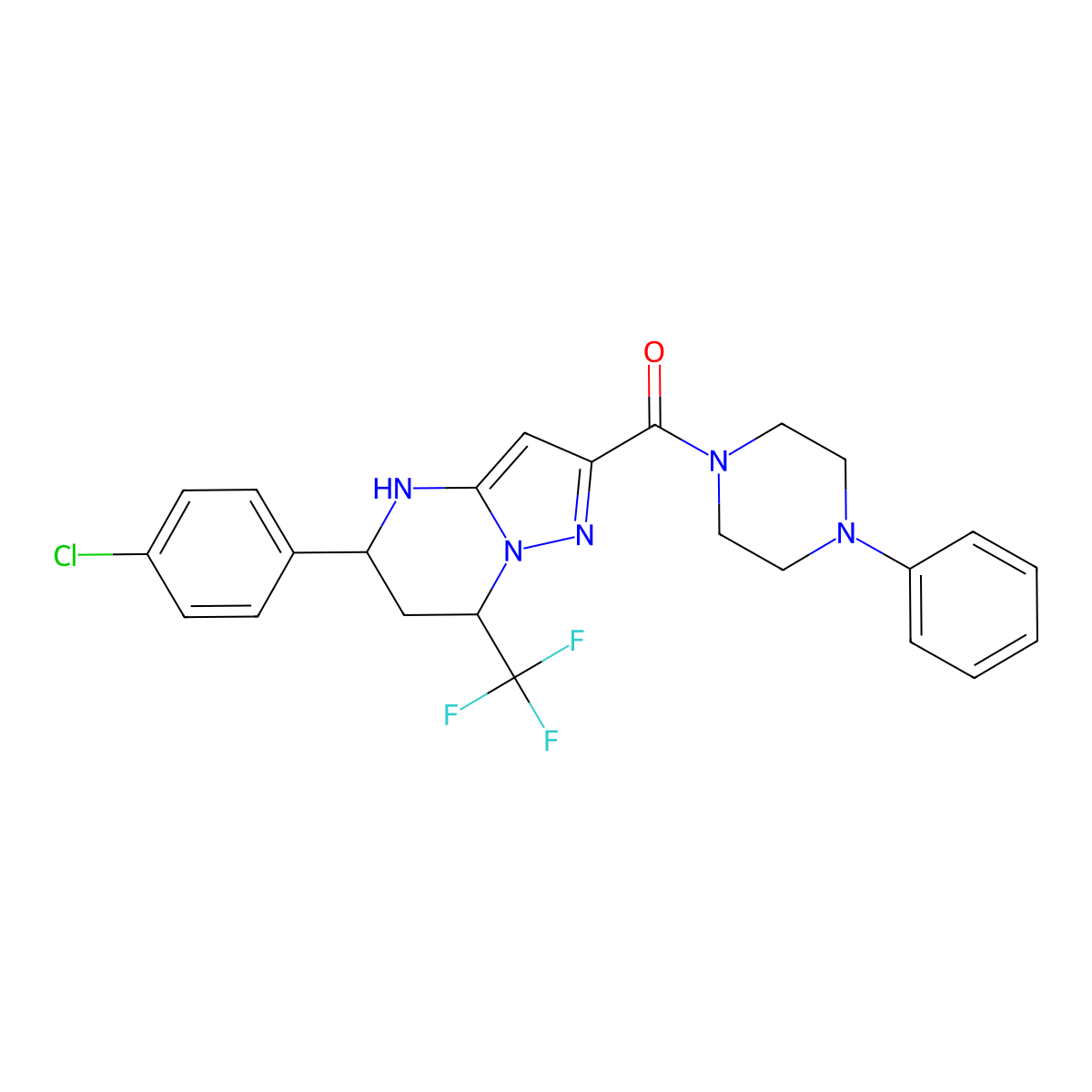 5-(4-Chlorophenyl)-2-[(4-phenylpiperazin-1-yl)carbonyl]-7-(trifluoromethyl)-4,5,6,7-tetrahydropyrazolo[1,5-a]pyrimidine molecular structure, CAS 309941-76-2