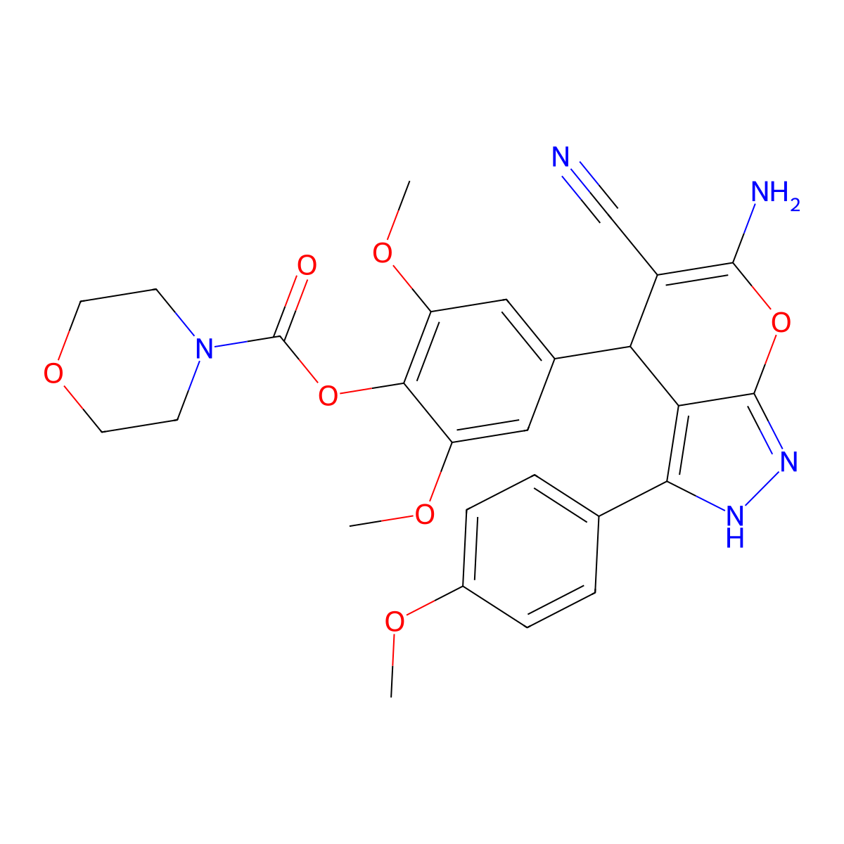 [4-[6-Amino-5-cyano-3-(4-methoxyphenyl)-2,4-dihydropyrano[2,3-c]pyrazol-4-yl]-2,6-dimethoxyphenyl] morpholine-4-carboxylate molecular structure, CAS 309942-21-0
