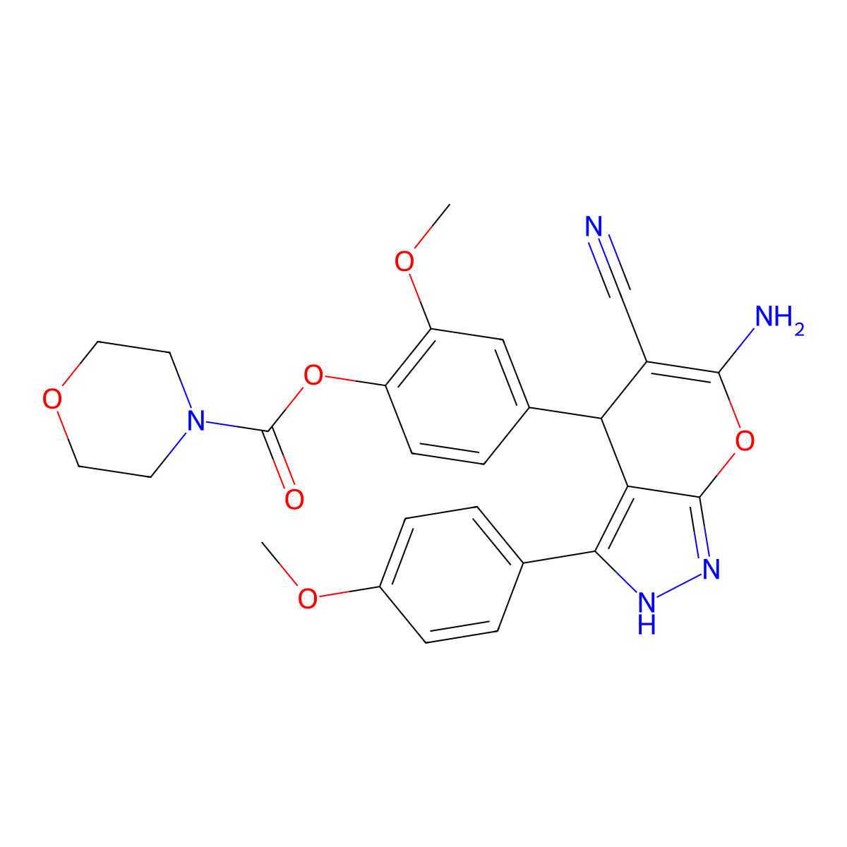 4-(6-Amino-5-cyano-3-(4-methoxyphenyl)-1,4-dihydropyrano[2,3-c]pyrazol-4-yl)-2-methoxyphenyl morpholine-4-carboxylate molecular structure, CAS 309942-26-5