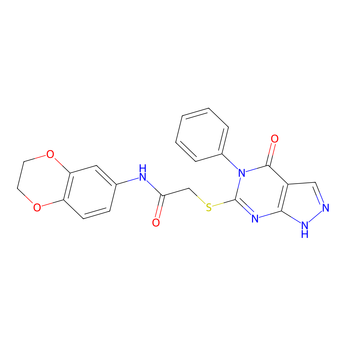 N-(2,3-dihydro-1,4-benzodioxin-6-yl)-2-[(4-oxo-5-phenyl-1H-pyrazolo[3,4-d]pyrimidin-6-yl)sulfanyl]acetamide molecular structure, CAS 309943-34-8