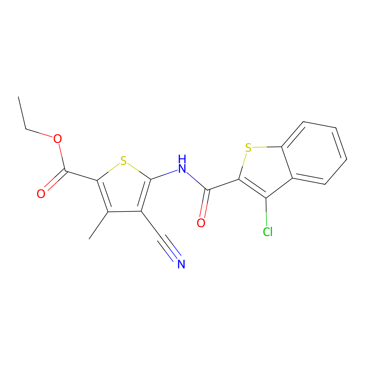 Ethyl 5-{[(3-chloro-1-benzothiophen-2-yl)carbonyl]amino}-4-cyano-3-methylthiophene-2-carboxylate molecular structure, CAS 309950-76-3