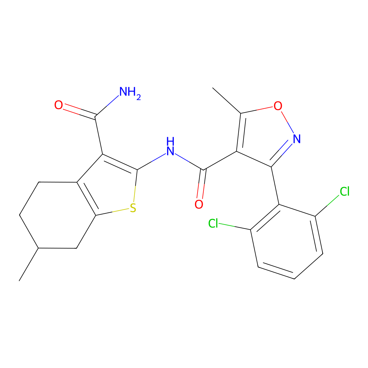 N-(3-carbamoyl-6-methyl-4,5,6,7-tetrahydro-1-benzothiophen-2-yl)-3-(2,6-dichlorophenyl)-5-methyl-1,2-oxazole-4-carboxamide molecular structure, CAS 309950-79-6