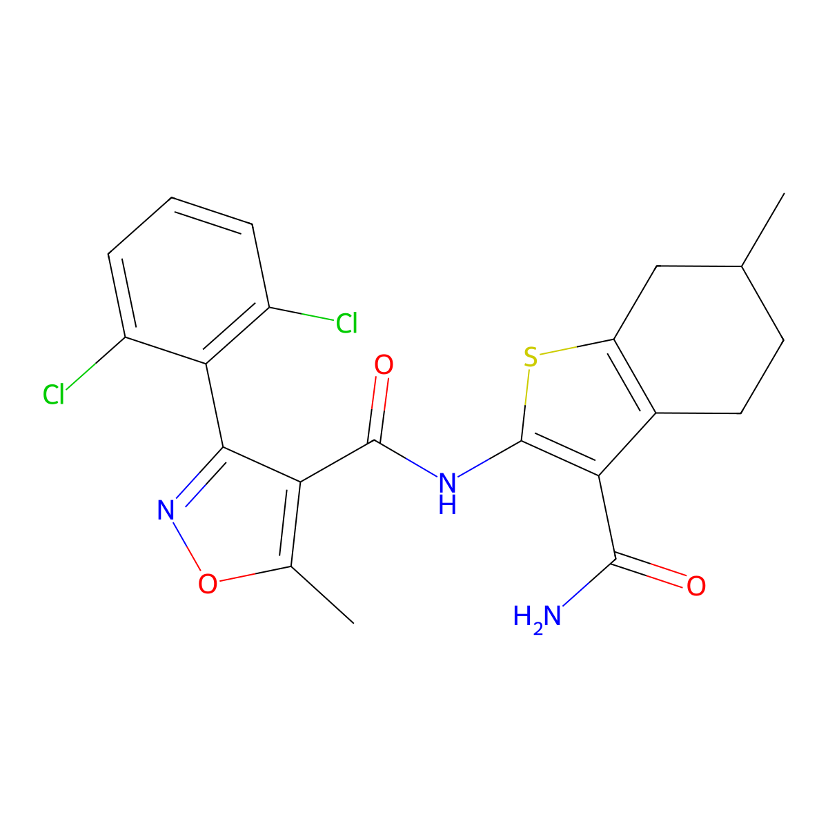 N-(3-carbamoyl-6-methyl-4,5,6,7-tetrahydro-1-benzothiophen-2-yl)-3-(2,6-dichlorophenyl)-5-methyl-1,2-oxazole-4-carboxamide molecular structure, CAS 309950-79-6