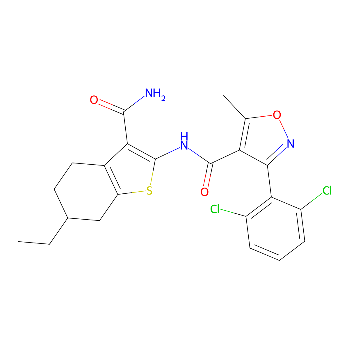 N-(3-carbamoyl-6-ethyl-4,5,6,7-tetrahydro-1-benzothiophen-2-yl)-3-(2,6-dichlorophenyl)-5-methyl-1,2-oxazole-4-carboxamide molecular structure, CAS 309951-63-1