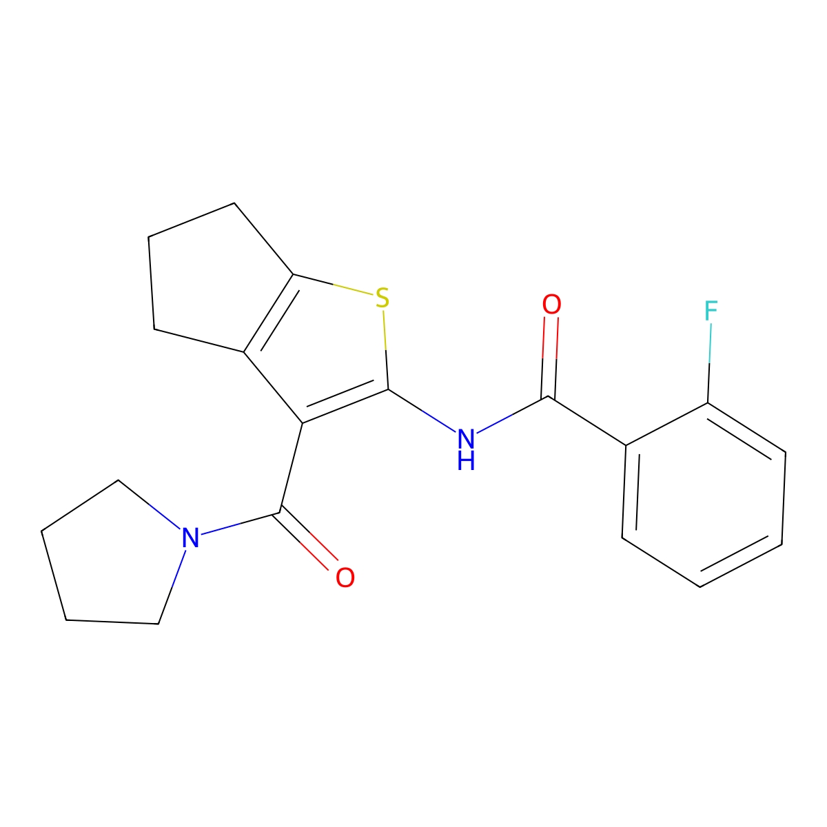 2-fluoro-N-[3-(pyrrolidine-1-carbonyl)-5,6-dihydro-4H-cyclopenta[b]thiophen-2-yl]benzamide molecular structure, CAS 309952-07-6