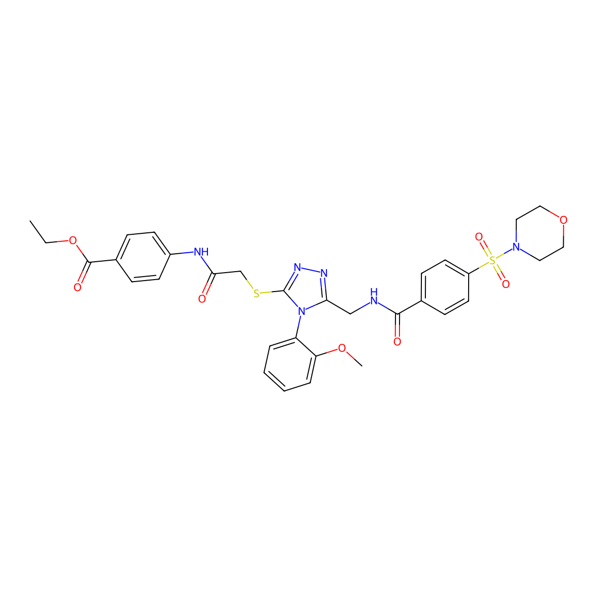 ethyl 4-(2-((4-(2-methoxyphenyl)-5-((4-(morpholinosulfonyl)benzamido)methyl)-4H-1,2,4-triazol-3-yl)thio)acetamido)benzoate molecular structure, CAS 309967-88-2