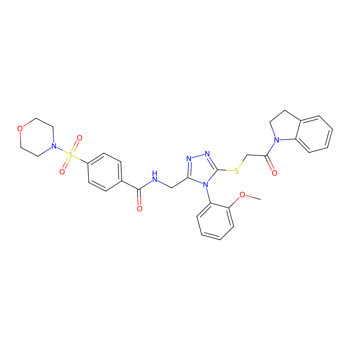 N-((5-((2-(indolin-1-yl)-2-oxoethyl)thio)-4-(2-methoxyphenyl)-4H-1,2,4-triazol-3-yl)methyl)-4-(morpholinosulfonyl)benzamide molecular structure, CAS 309967-92-8