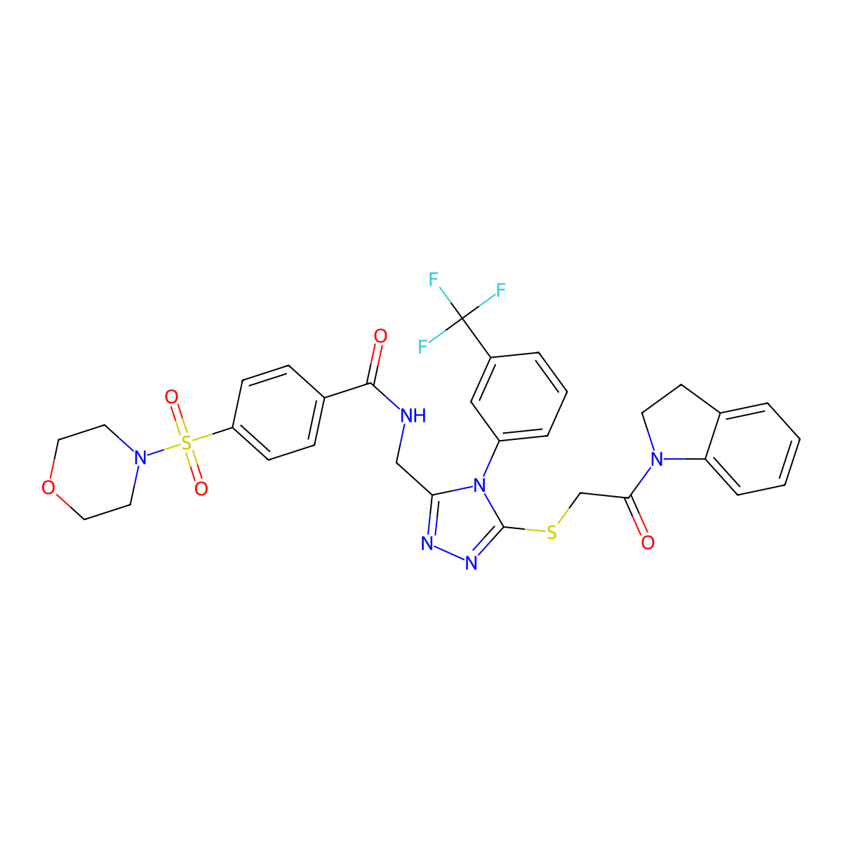 N-((5-((2-(indolin-1-yl)-2-oxoethyl)thio)-4-(3-(trifluoromethyl)phenyl)-4H-1,2,4-triazol-3-yl)methyl)-4-(morpholinosulfonyl)benzamide molecular structure, CAS 309967-98-4