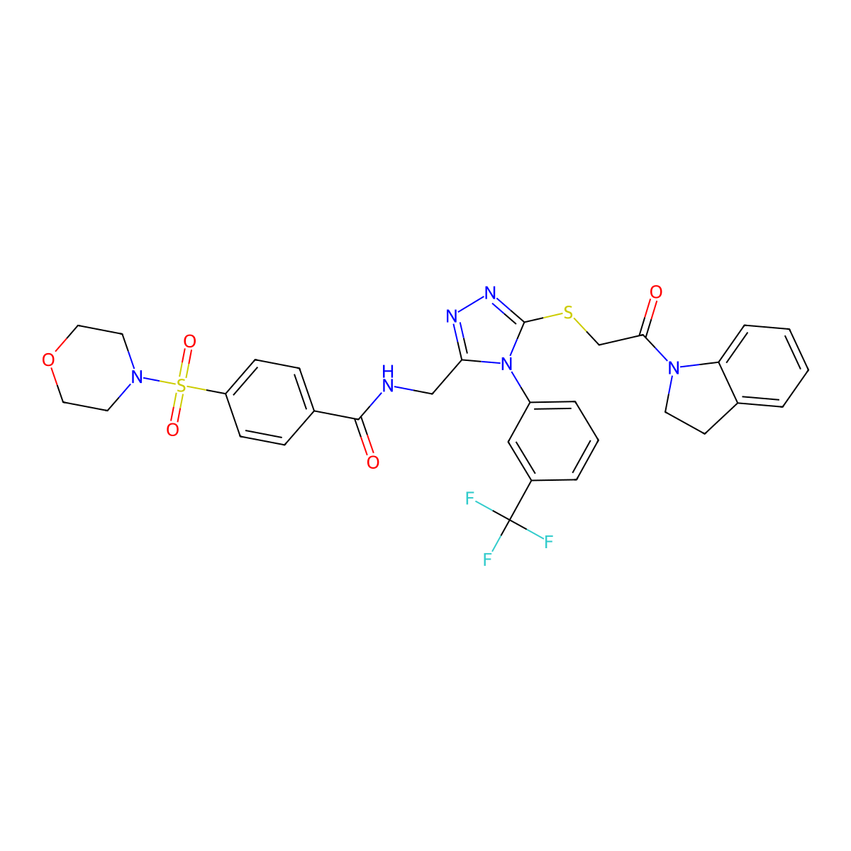N-((5-((2-(indolin-1-yl)-2-oxoethyl)thio)-4-(3-(trifluoromethyl)phenyl)-4H-1,2,4-triazol-3-yl)methyl)-4-(morpholinosulfonyl)benzamide molecular structure, CAS 309967-98-4