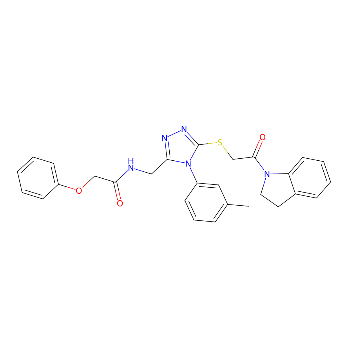 N-((5-((2-(indolin-1-yl)-2-oxoethyl)thio)-4-(m-tolyl)-4H-1,2,4-triazol-3-yl)methyl)-2-phenoxyacetamide molecular structure, CAS 309968-02-3