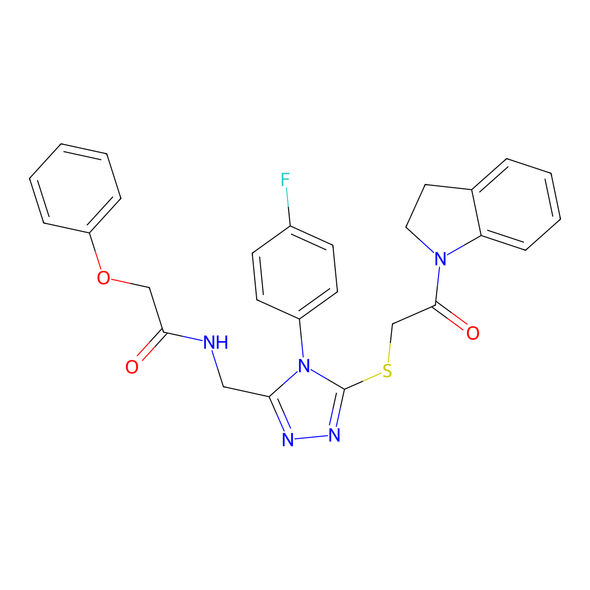 N-((4-(4-fluorophenyl)-5-((2-(indolin-1-yl)-2-oxoethyl)thio)-4H-1,2,4-triazol-3-yl)methyl)-2-phenoxyacetamide molecular structure, CAS 309968-06-7