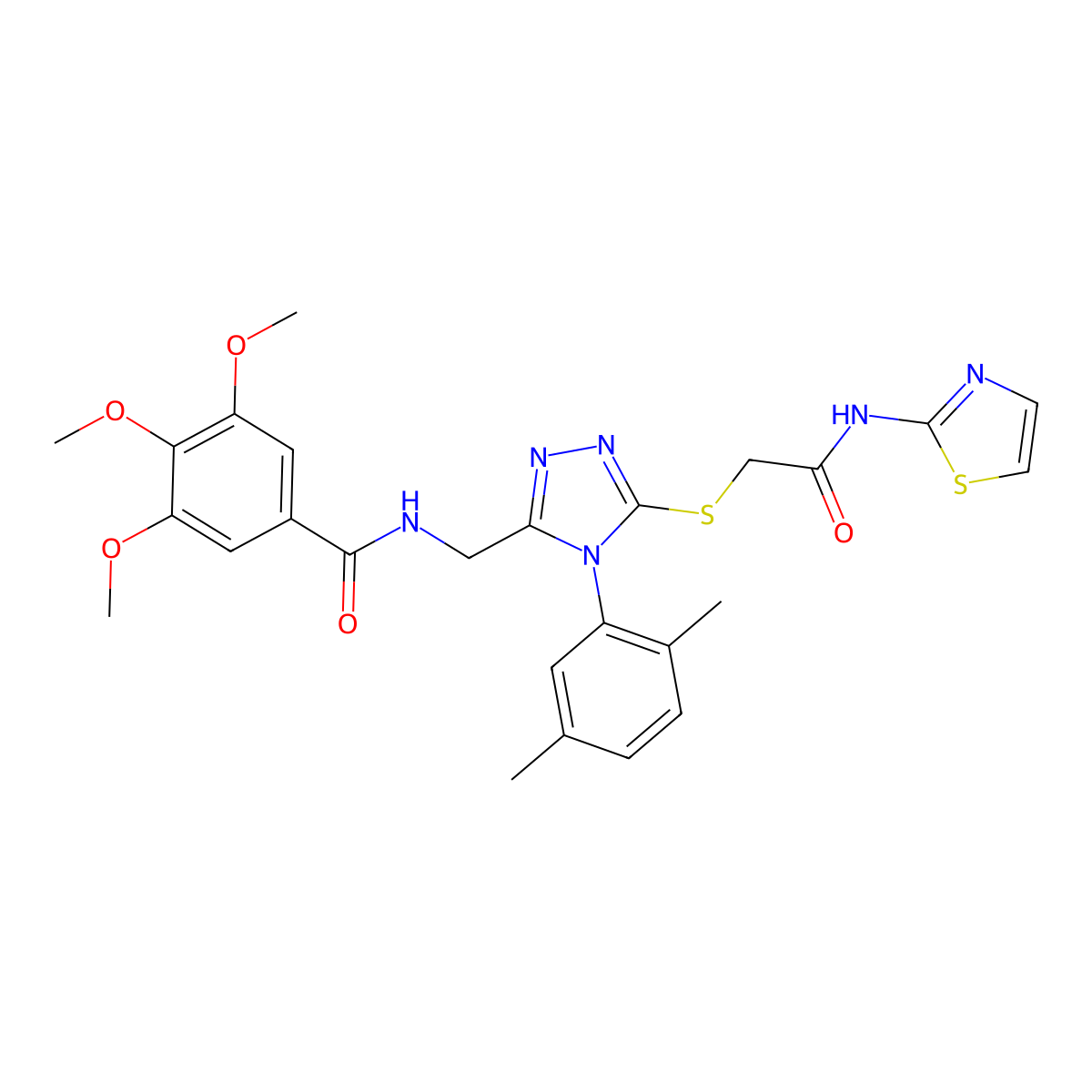 N-((4-(2,5-dimethylphenyl)-5-((2-oxo-2-(thiazol-2-ylamino)ethyl)thio)-4H-1,2,4-triazol-3-yl)methyl)-3,4,5-trimethoxybenzamide molecular structure, CAS 309968-19-2