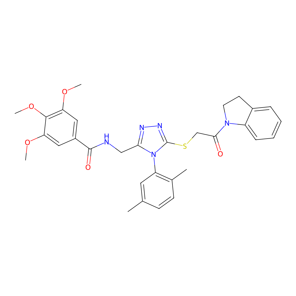 N-((4-(2,5-dimethylphenyl)-5-((2-(indolin-1-yl)-2-oxoethyl)thio)-4H-1,2,4-triazol-3-yl)methyl)-3,4,5-trimethoxybenzamide molecular structure, CAS 309968-20-5