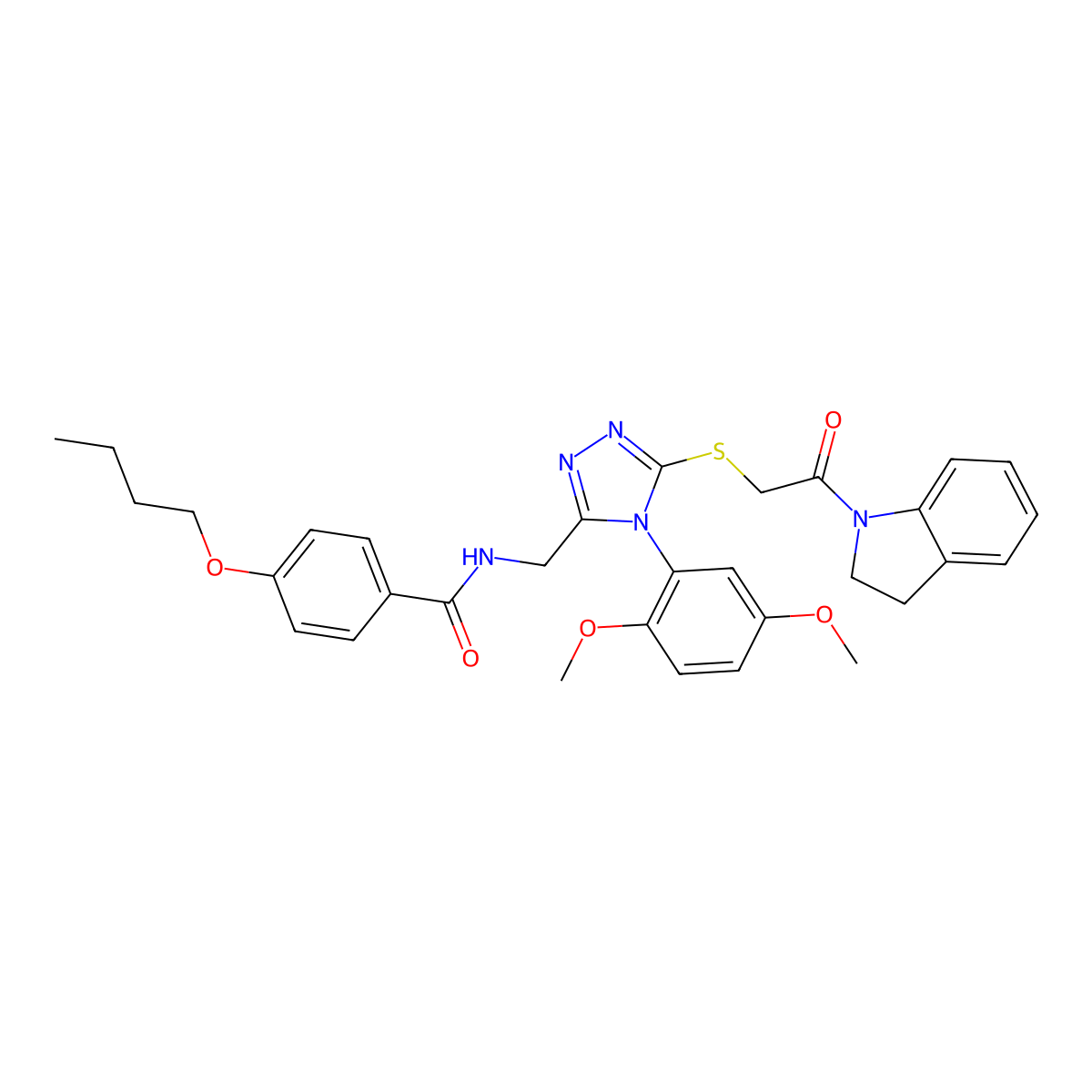 4-butoxy-N-((4-(2,5-dimethoxyphenyl)-5-((2-(indolin-1-yl)-2-oxoethyl)thio)-4H-1,2,4-triazol-3-yl)methyl)benzamide molecular structure, CAS 309968-26-1