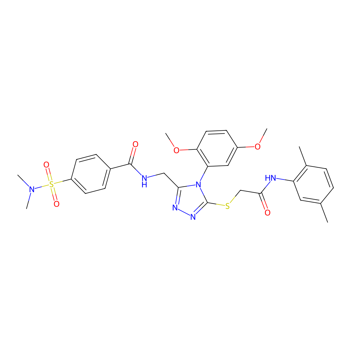 N-((4-(2,5-dimethoxyphenyl)-5-((2-((2,5-dimethylphenyl)amino)-2-oxoethyl)thio)-4H-1,2,4-triazol-3-yl)methyl)-4-(N,N-dimethylsulfamoyl)benzamide molecular structure, CAS 309968-33-0