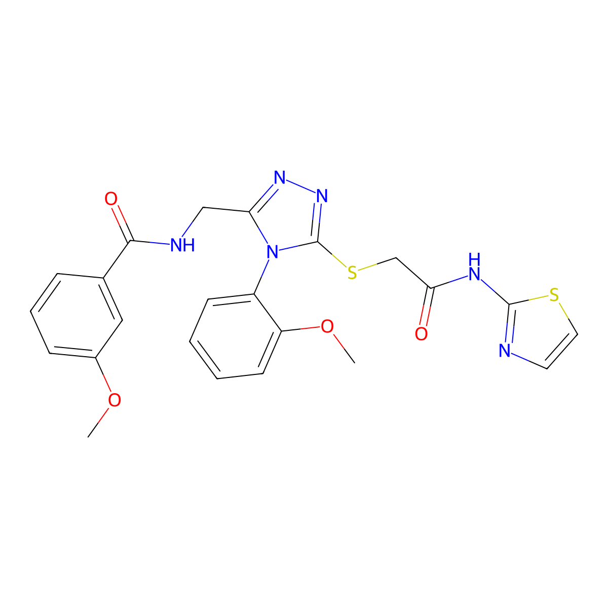 3-methoxy-N-((4-(2-methoxyphenyl)-5-((2-oxo-2-(thiazol-2-ylamino)ethyl)thio)-4H-1,2,4-triazol-3-yl)methyl)benzamide molecular structure, CAS 309968-89-6