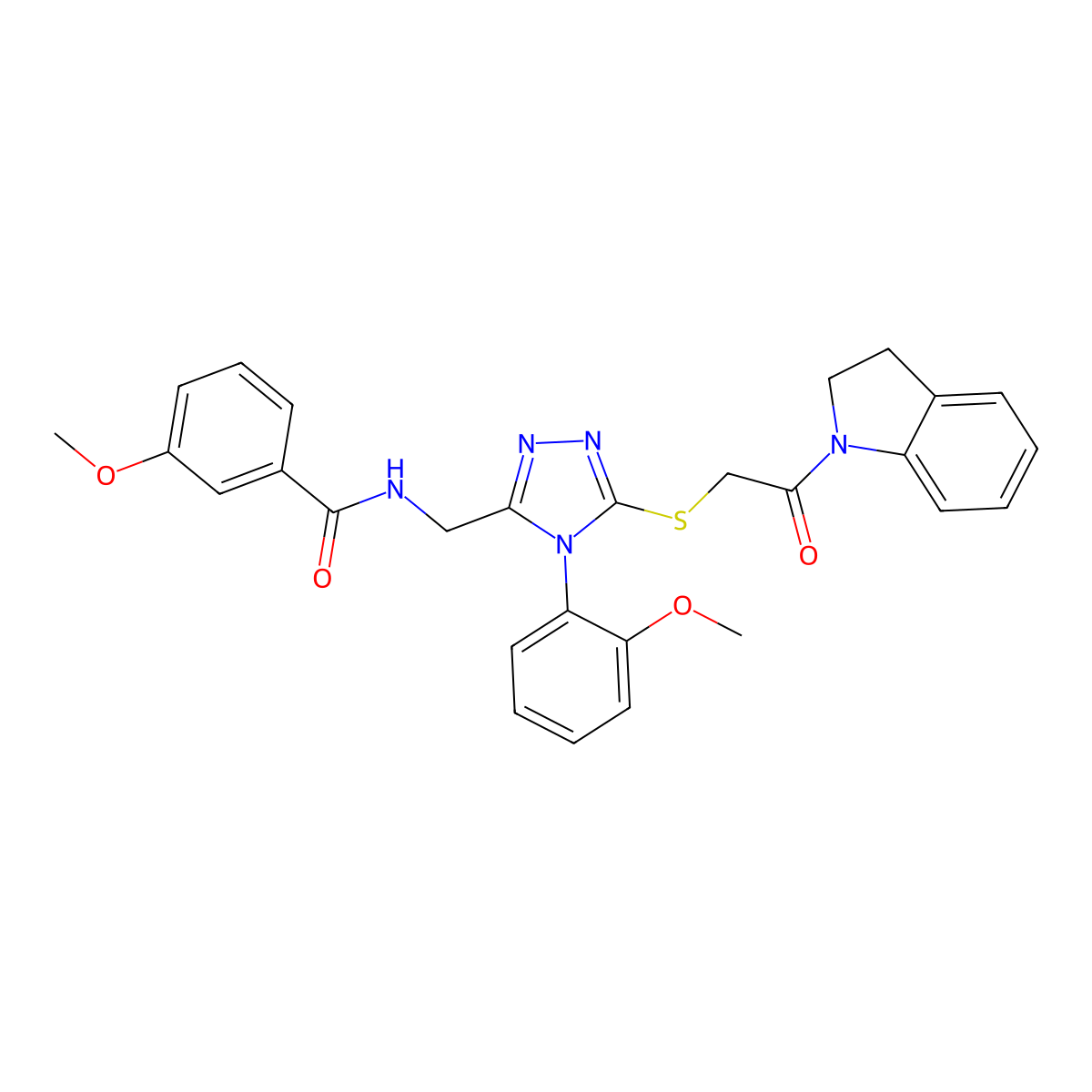 N-((5-((2-(indolin-1-yl)-2-oxoethyl)thio)-4-(2-methoxyphenyl)-4H-1,2,4-triazol-3-yl)methyl)-3-methoxybenzamide molecular structure, CAS 309968-90-9