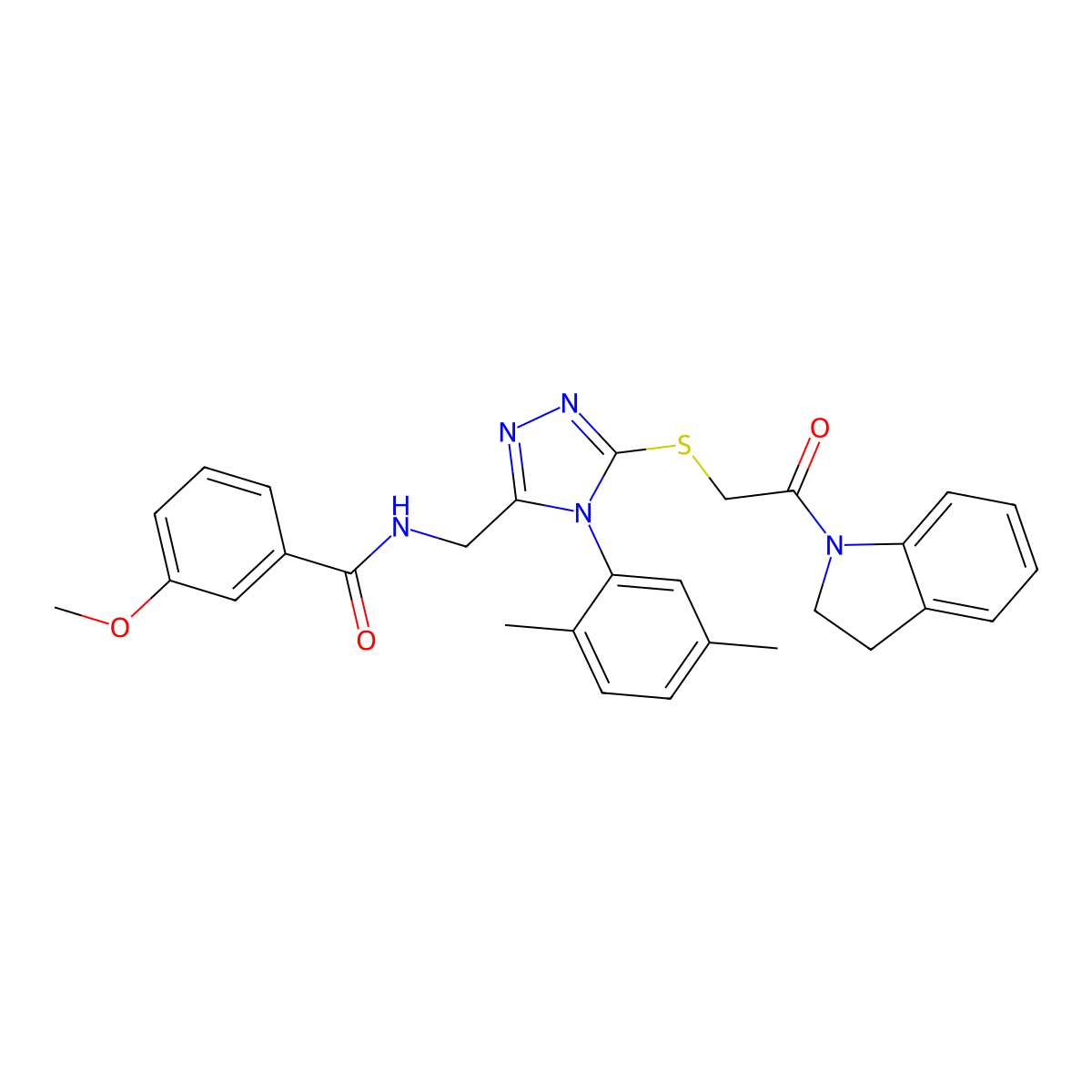 N-((4-(2,5-dimethylphenyl)-5-((2-(indolin-1-yl)-2-oxoethyl)thio)-4H-1,2,4-triazol-3-yl)methyl)-3-methoxybenzamide molecular structure, CAS 309968-92-1