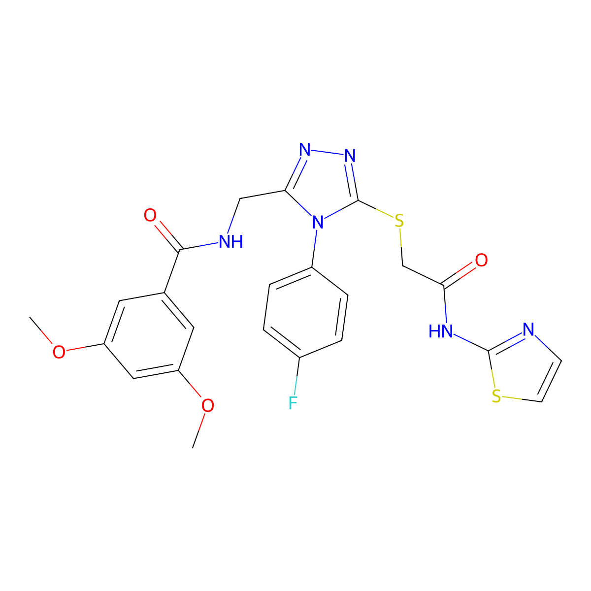 N-((4-(4-fluorophenyl)-5-((2-oxo-2-(thiazol-2-ylamino)ethyl)thio)-4H-1,2,4-triazol-3-yl)methyl)-3,5-dimethoxybenzamide molecular structure, CAS 309968-98-7