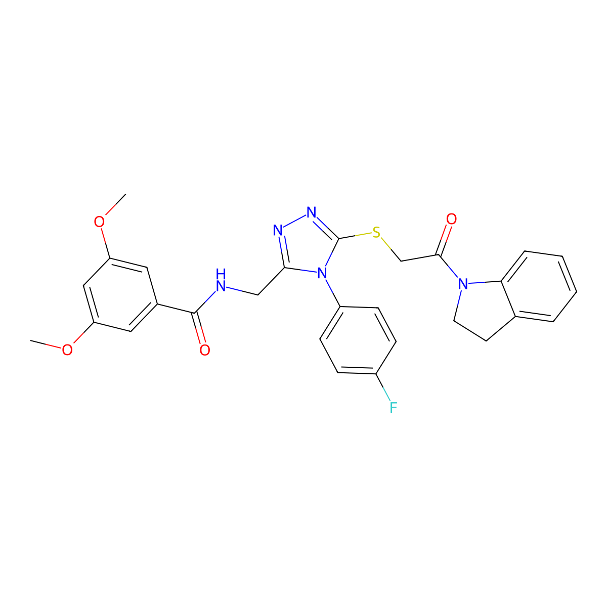 N-((4-(4-fluorophenyl)-5-((2-(indolin-1-yl)-2-oxoethyl)thio)-4H-1,2,4-triazol-3-yl)methyl)-3,5-dimethoxybenzamide molecular structure, CAS 309968-99-8