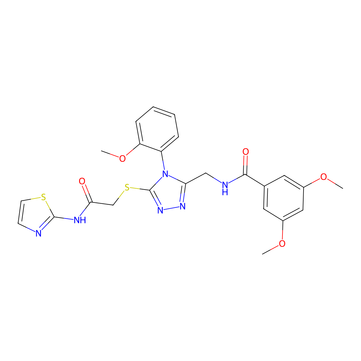 3,5-dimethoxy-N-[[4-(2-methoxyphenyl)-5-[2-oxo-2-(1,3-thiazol-2-ylamino)ethyl]sulfanyl-1,2,4-triazol-3-yl]methyl]benzamide molecular structure, CAS 309969-00-4