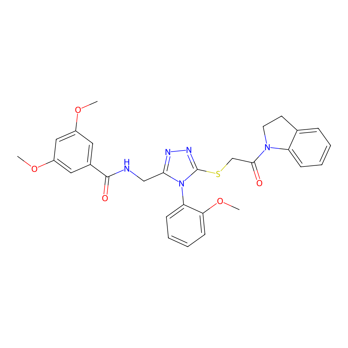 N-((5-((2-(indolin-1-yl)-2-oxoethyl)thio)-4-(2-methoxyphenyl)-4H-1,2,4-triazol-3-yl)methyl)-3,5-dimethoxybenzamide molecular structure, CAS 309969-01-5