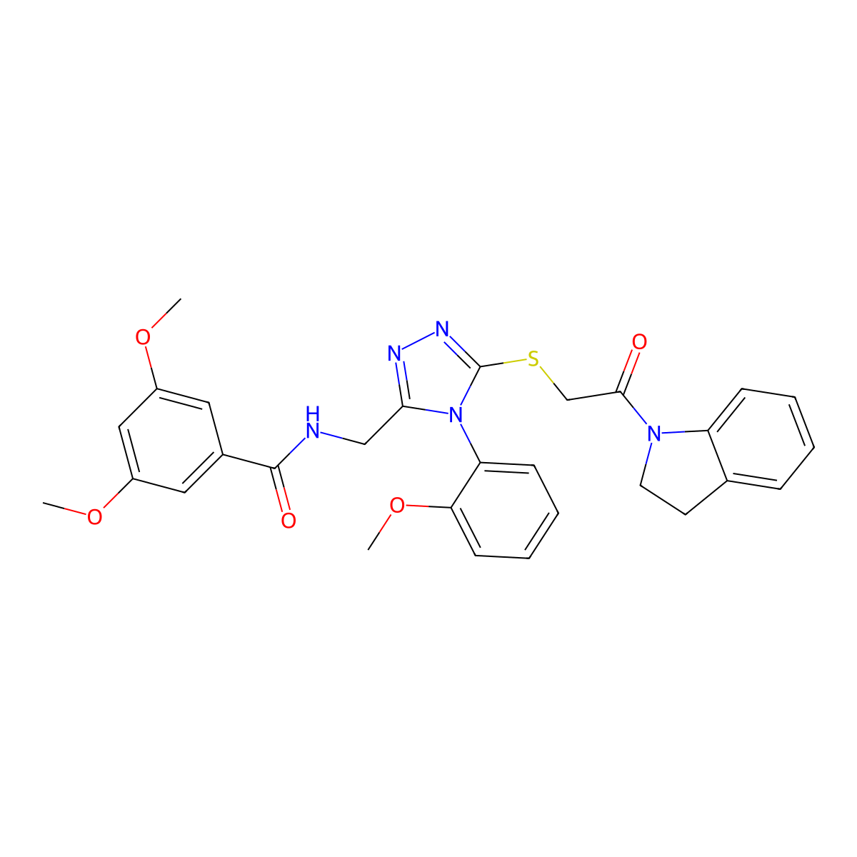 N-((5-((2-(indolin-1-yl)-2-oxoethyl)thio)-4-(2-methoxyphenyl)-4H-1,2,4-triazol-3-yl)methyl)-3,5-dimethoxybenzamide molecular structure, CAS 309969-01-5