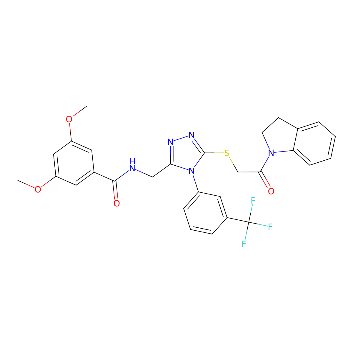N-((5-((2-(indolin-1-yl)-2-oxoethyl)thio)-4-(3-(trifluoromethyl)phenyl)-4H-1,2,4-triazol-3-yl)methyl)-3,5-dimethoxybenzamide molecular structure, CAS 309969-03-7