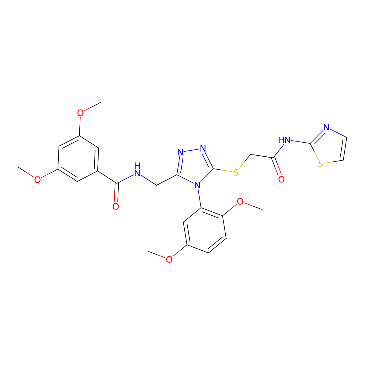N-((4-(2,5-dimethoxyphenyl)-5-((2-oxo-2-(thiazol-2-ylamino)ethyl)thio)-4H-1,2,4-triazol-3-yl)methyl)-3,5-dimethoxybenzamide molecular structure, CAS 309969-07-1
