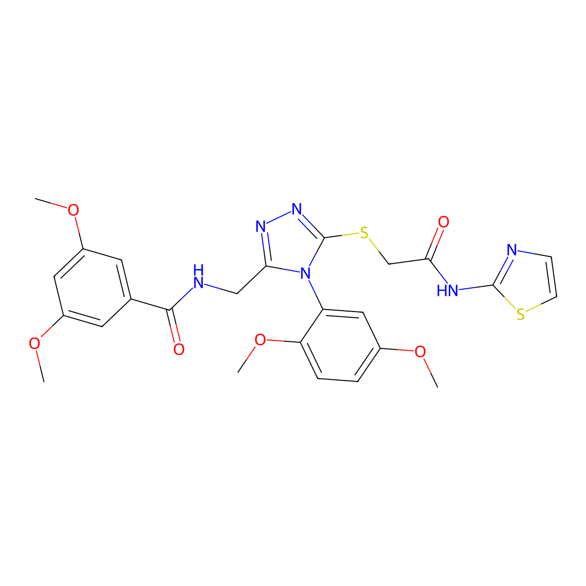 N-((4-(2,5-dimethoxyphenyl)-5-((2-oxo-2-(thiazol-2-ylamino)ethyl)thio)-4H-1,2,4-triazol-3-yl)methyl)-3,5-dimethoxybenzamide molecular structure, CAS 309969-07-1