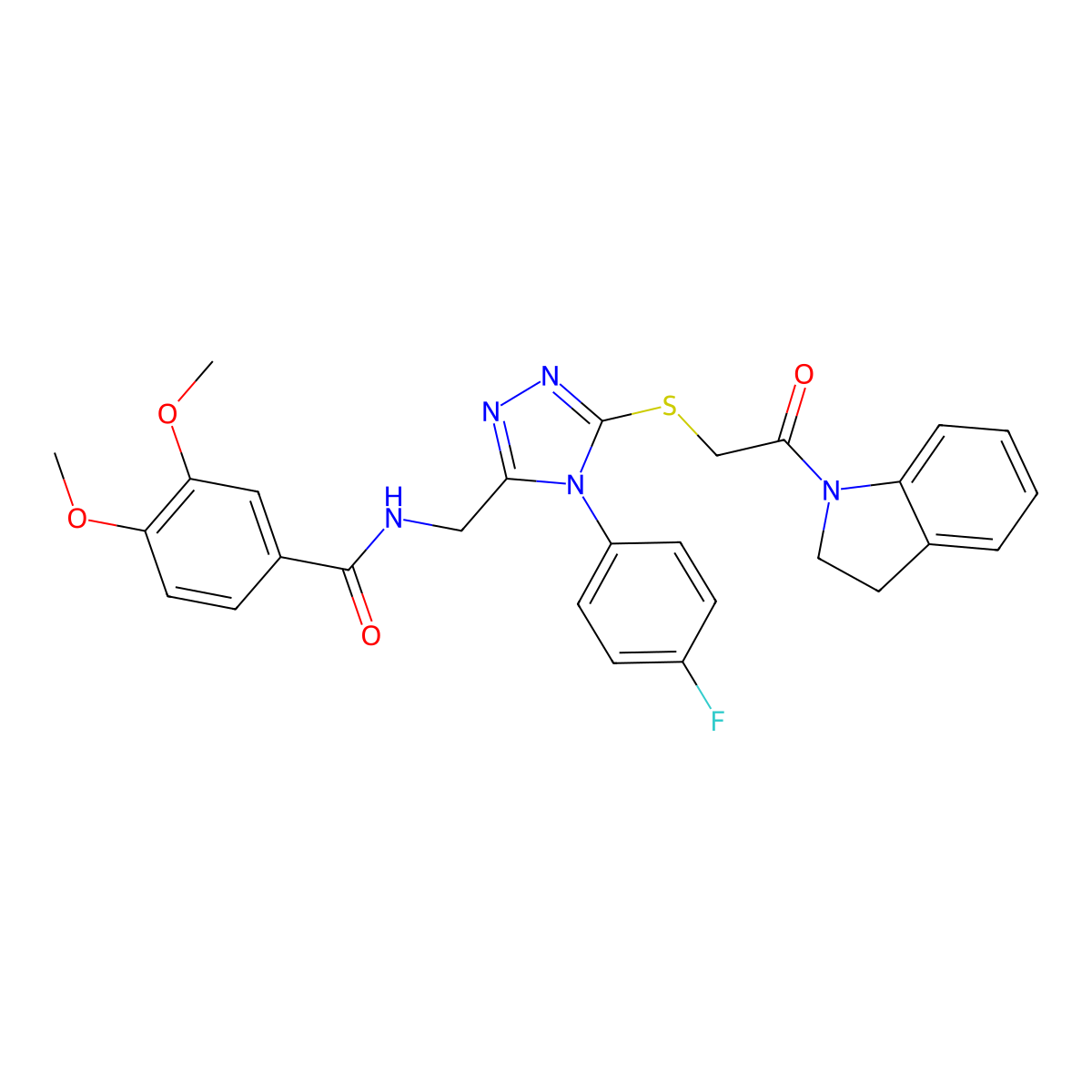N-((4-(4-fluorophenyl)-5-((2-(indolin-1-yl)-2-oxoethyl)thio)-4H-1,2,4-triazol-3-yl)methyl)-3,4-dimethoxybenzamide molecular structure, CAS 309969-14-0